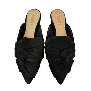 Schutz Black Suede Pointed Toe Knotted Twist Mules Sz 6.5